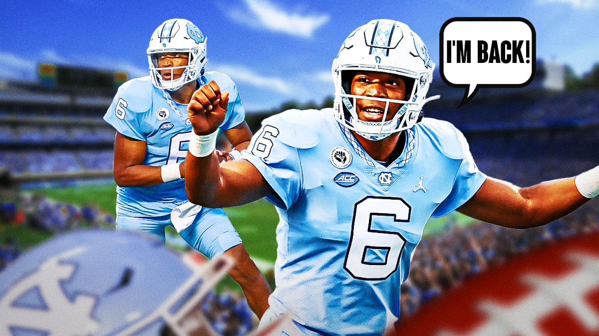 Jacolby Criswell in UNC uniform saying "I'm back!"