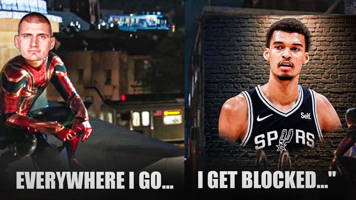 Nuggets' Nikola Jokic as Spider-Man in the everywhere i go i see his face meme, but with this caption instead: "Everywhere I go... I get blocked..." with Spurs' Victor Wembanyama's face on the wall