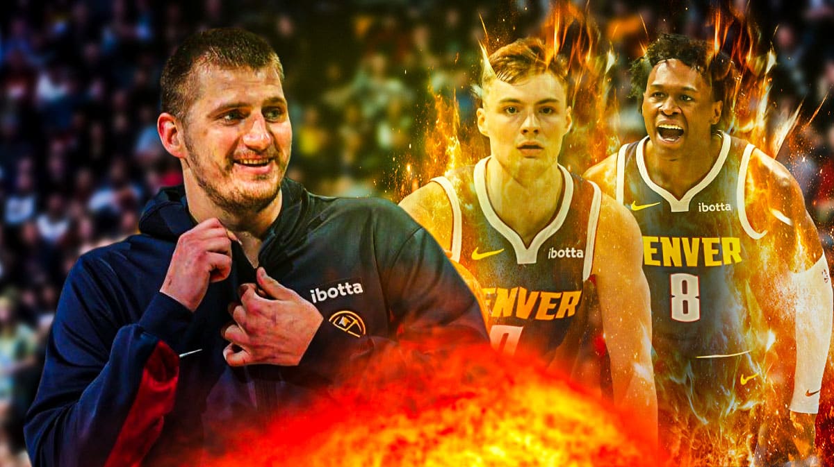 Thumbnail: Nikola Jokic happily looking at Christian Braun and Peyton Watson (with Braun and Watson on fire.)