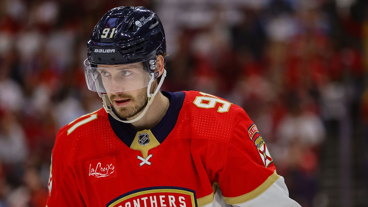 Florida Panthers defenseman Oliver Ekman-Larsson (91) looks on against the Columbus Blue Jackets during the second period at Amerant Bank Arena.