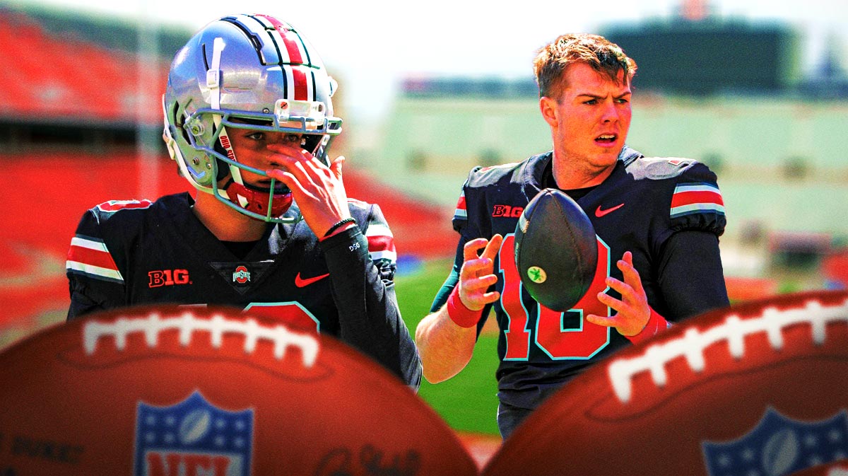Ohio State football, Buckeyes, Spring football, Ryan Day, Ohio State spring football, Julian Sayin and Will Howard in Ohio State unis with Ohio State football stadium in the background