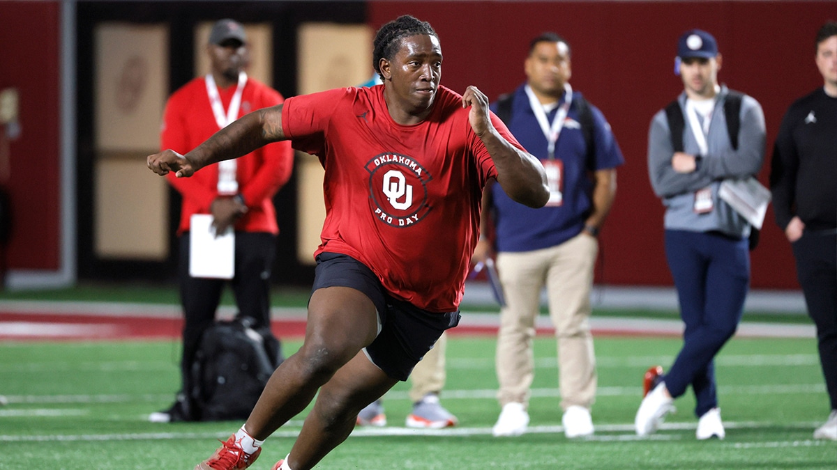 Oklahoma offensive lineman Tyler Guyton runs a drill during the University of Oklahoma (OU) Sooners Pro Day in Norman, Okla., Tuesday, March 12, 2024.