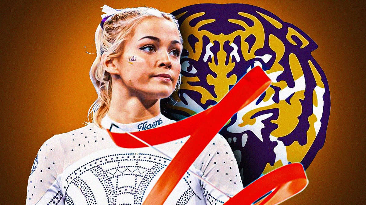 LSU women’s basketball player Olivia Dunne, with the LSU Tigers logo