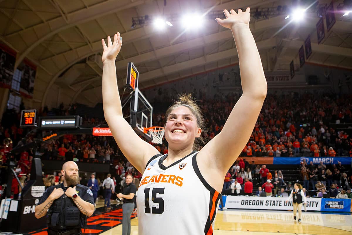 Oregon State forward Raegan Beers cheers as she leaves the court as the Oregon State Beavers host Eastern Washington in the first round of the NCAA Tournament.
