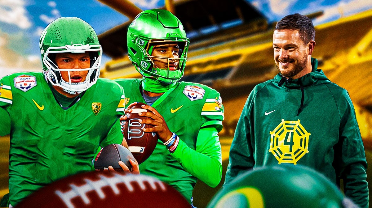 Oregon football, Ducks, Dan Lanning, Spring football, Oregon spring game, Dan Lanning, Dillon Gabriel (in Oregon uni) and Dante Moore (in Oregon uni) with Oregon football stadium in the background