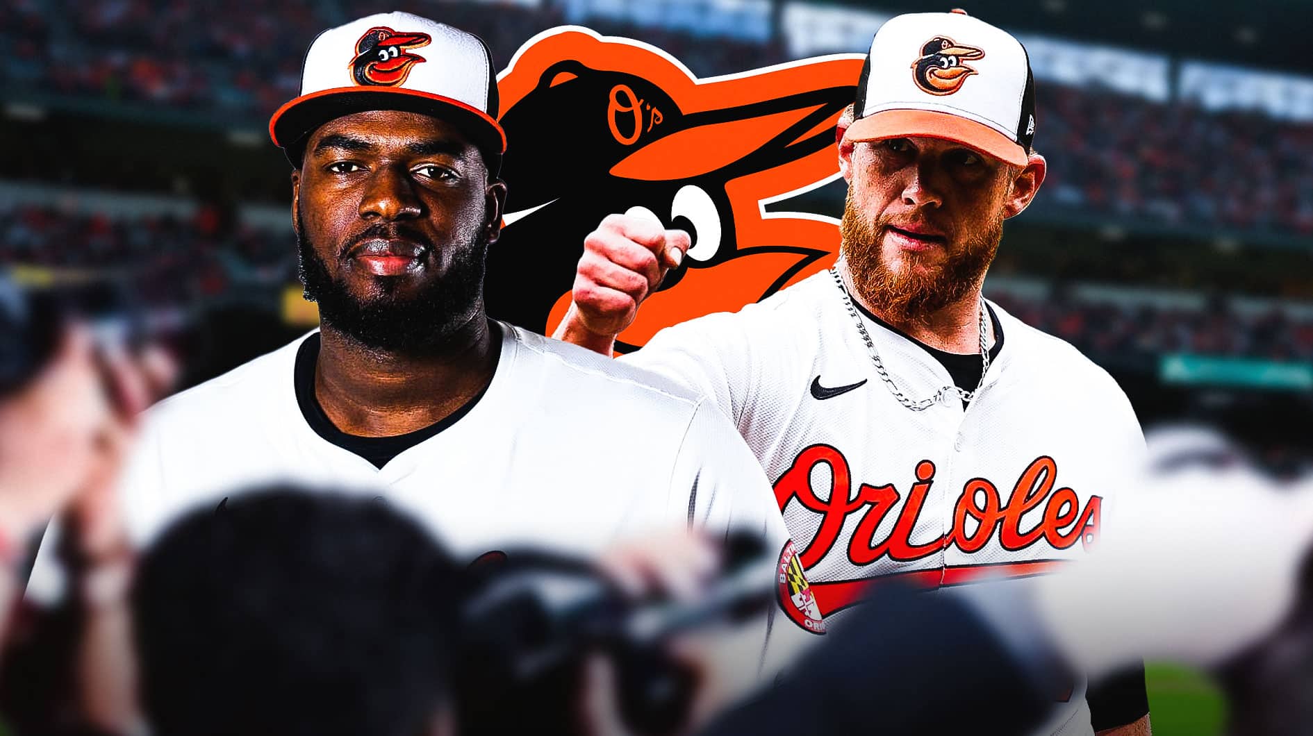 Craig Kimbrel and Felix Bautista in image looking stern, Baltimore Orioles logo in middle, baseball field in background