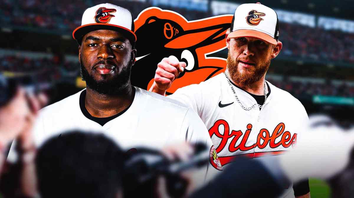 Craig Kimbrel and Felix Bautista in image looking stern, Baltimore Orioles logo in middle, baseball field in background