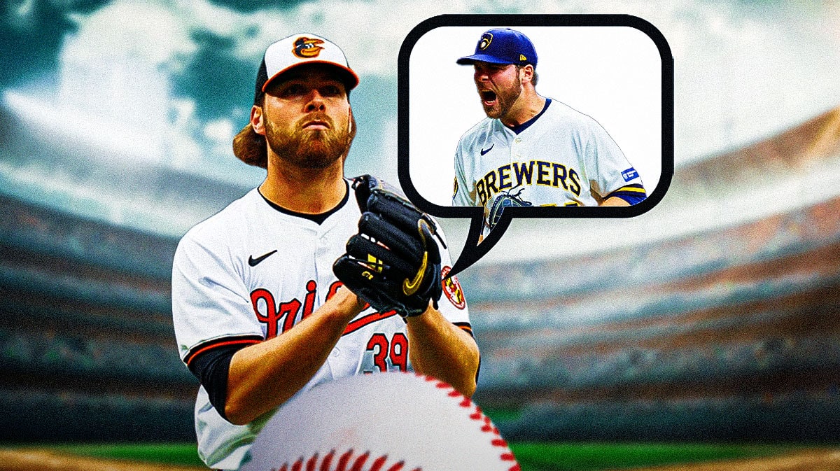 Orioles' Corbin Burnes looking serious. Give him a thought bubble. In the bubble, place an image of Brewers' Corbin Burnes.