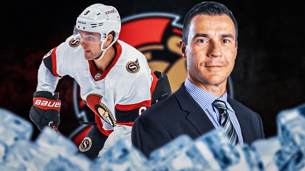 Ottawa Senators general manager Steve Staios with Senators center Josh Norris next to an Ottawa Senators logo.