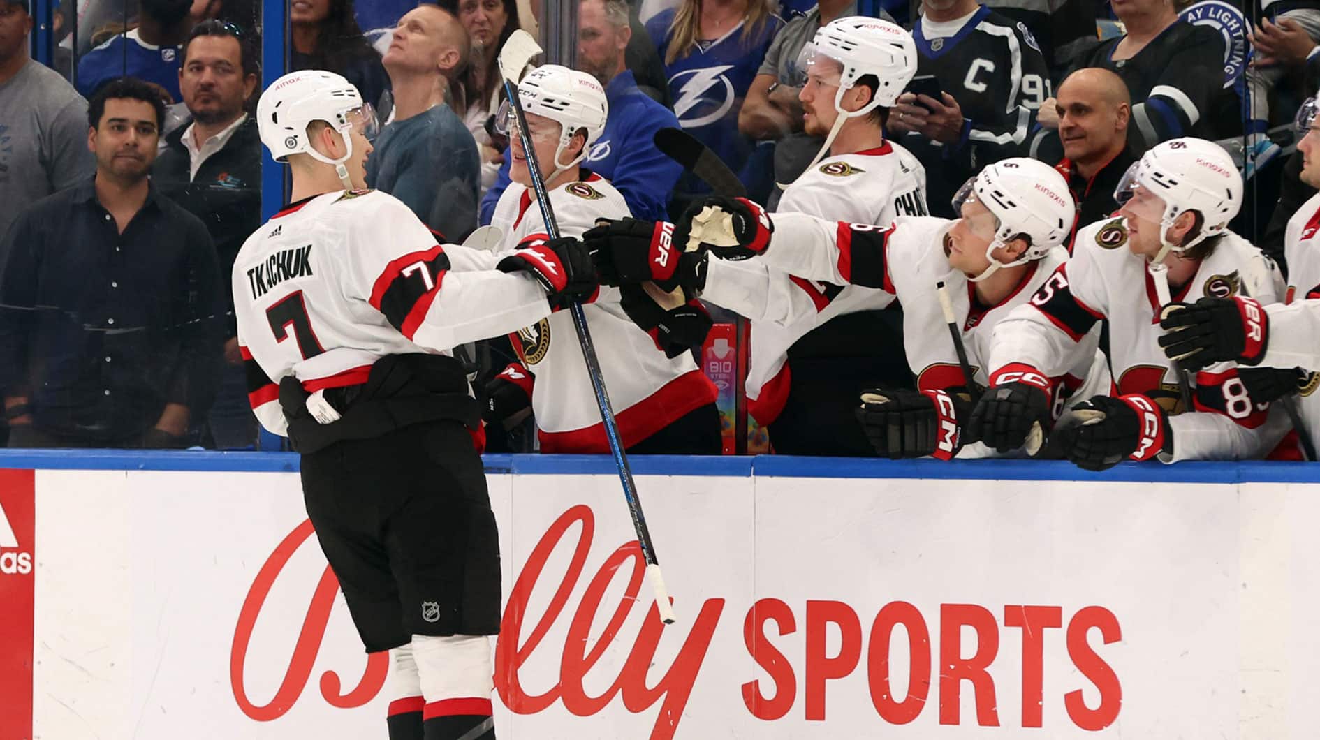 Ottawa Senators left wing Brady Tkachuk (7) is congratulated after he scores a goal against the Tampa Bay Lightning