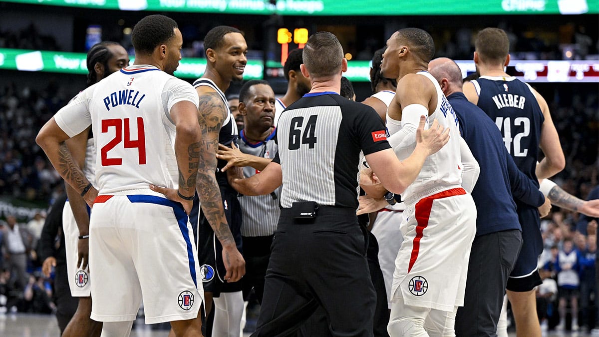 Dallas Mavericks player PJ Washington during confrontation with the Los Angeles Clippers' Russell Westbrook
