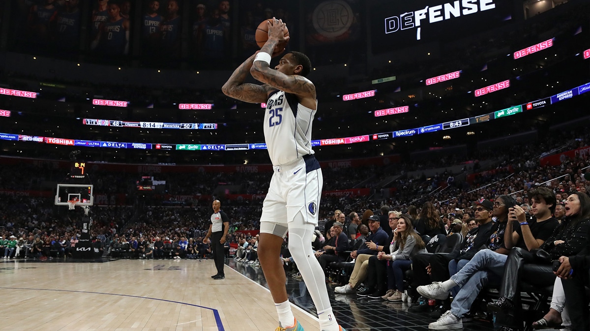 Dallas Mavericks forward P.J. Washington (25) shoots the ball during the third quarter of game two of the first round for the 2024 NBA playoffs against the Los Angeles Clippers at Crypto.com Arena. 