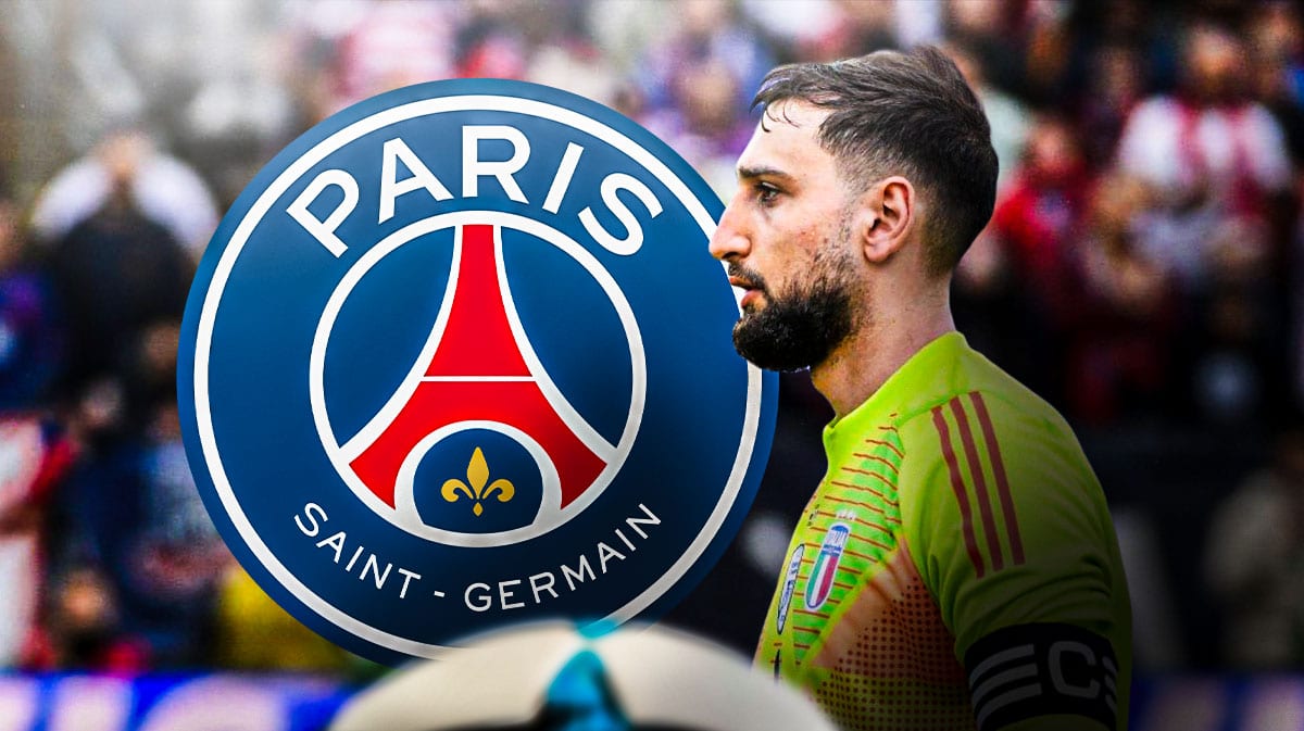 Donnarumma looking down/sad in front of the PSG logo