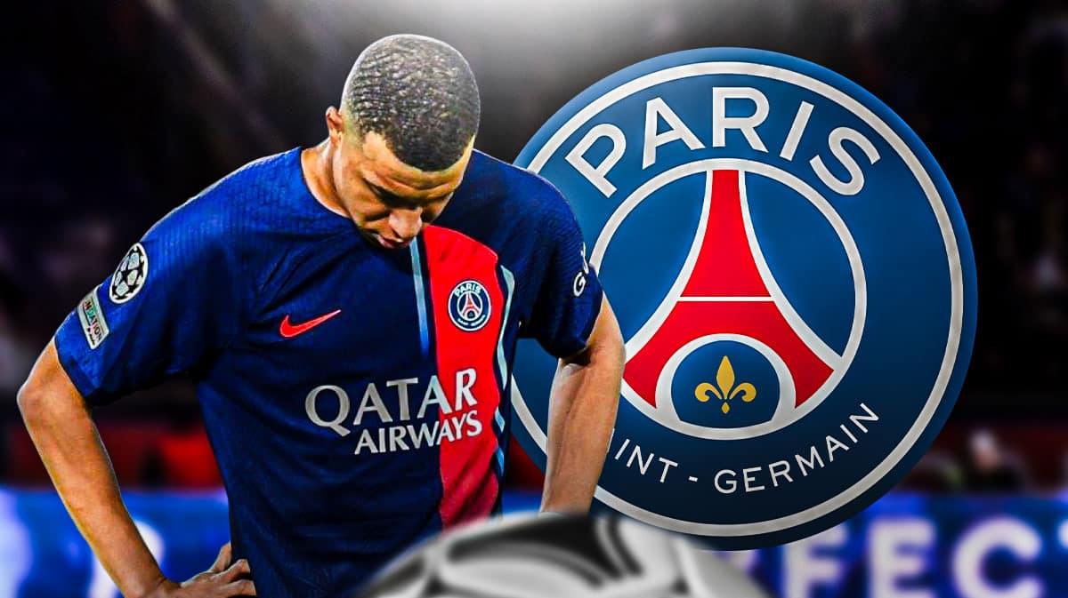 Kylian Mbappe looking down/sad in front of the PSG logo