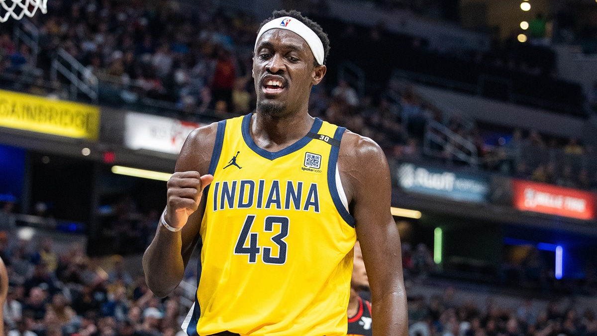 Indiana Pacers forward Pascal Siakam (43) reacts to a foul and made basket in the first half against the Atlanta Hawks at Gainbridge Fieldhouse