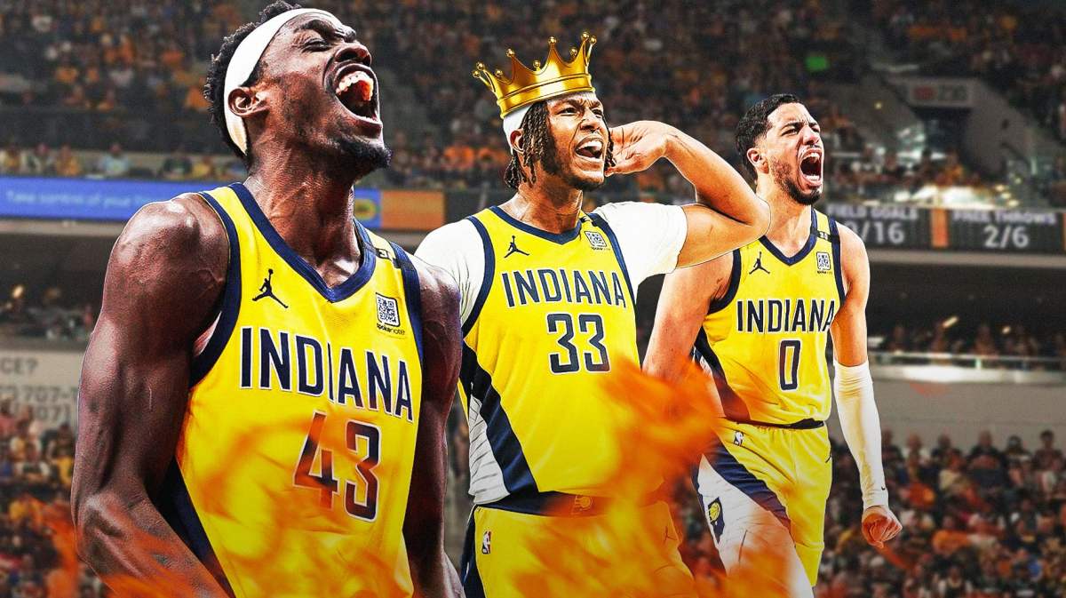 Pacers Pascal Siakam. Tyrese Haliburton, and Myles Turner after NBA Playoffs win vs Bucks
