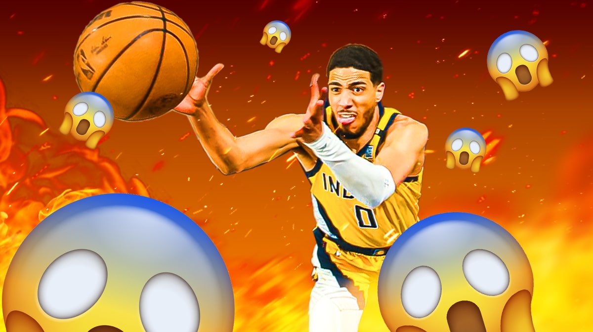Photo: Tyrese Haliburton shooting in Pacers jersey with fire around him and shocked emojis around him