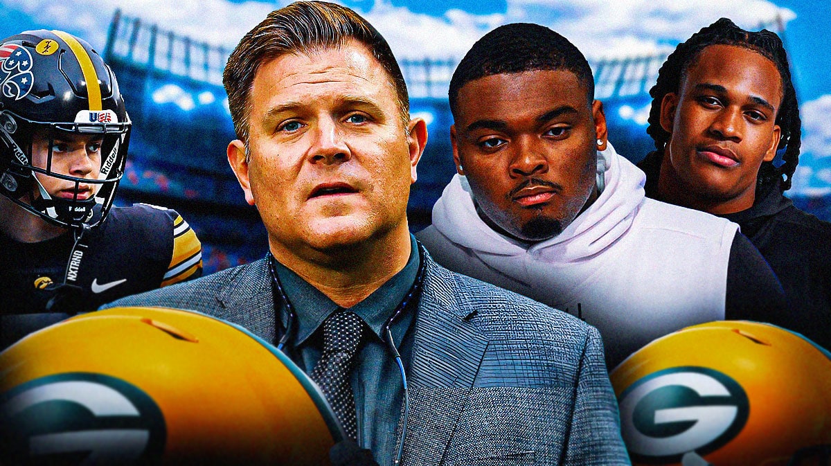 GM Brian Gutekunst in the middle, Cooper DeJean, Kiran Amegadjie, Junior Colson around him, and Green Bay Packers wallpaper in the background