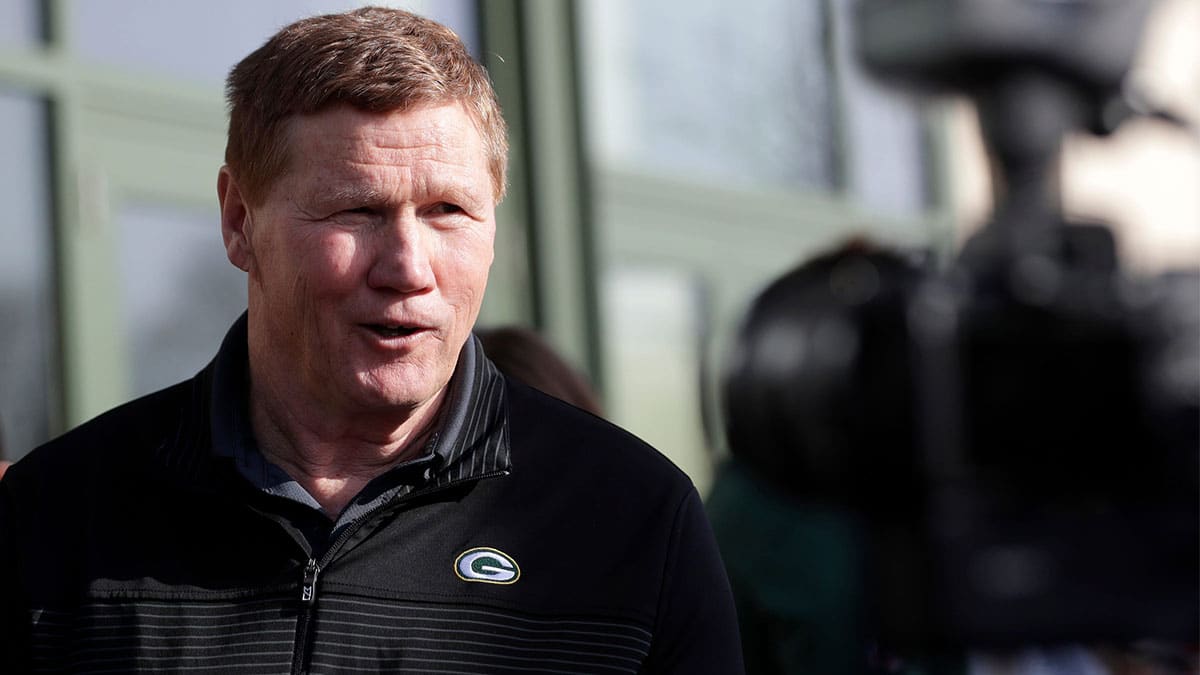 Green Bay Packers president and CEO Mark Murphy speaks to media on April 11, 2023, outside Lambeau Field before the start of the team's annual Tailgate Tour.