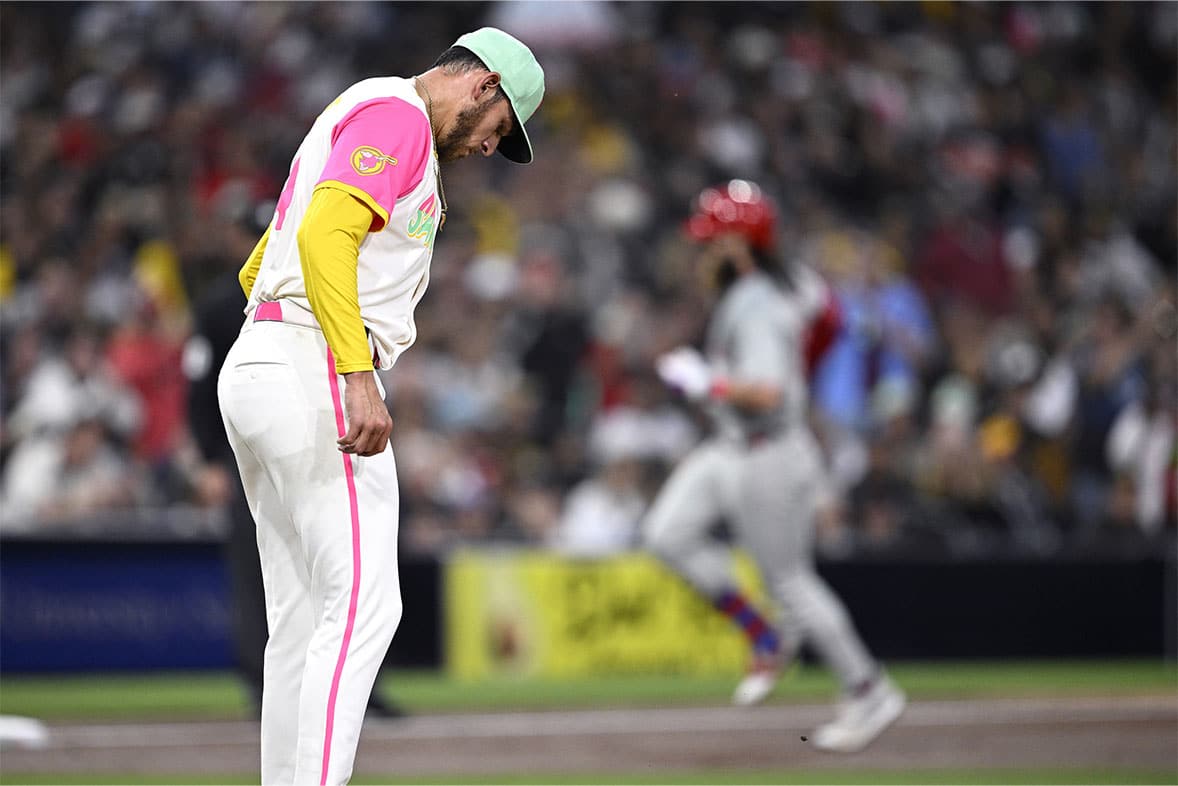 San Diego Padres starting pitcher Joe Musgrove (44) reacts as Philadelphia Phillies left fielder Brandon Marsh (16) rounds the bases after hitting a two-run home run during the third inning at Petco Park. 