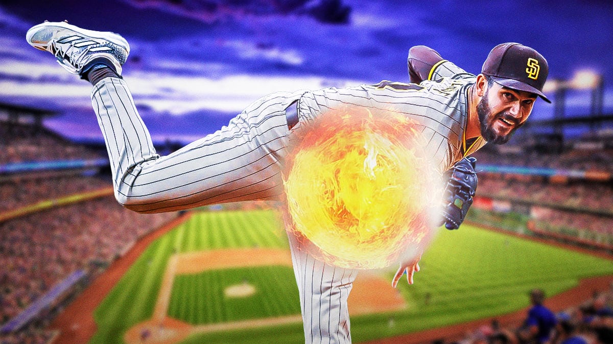 Padres' Dylan Cease pitching a baseball with fire on the ball. Place Coors Field in background.