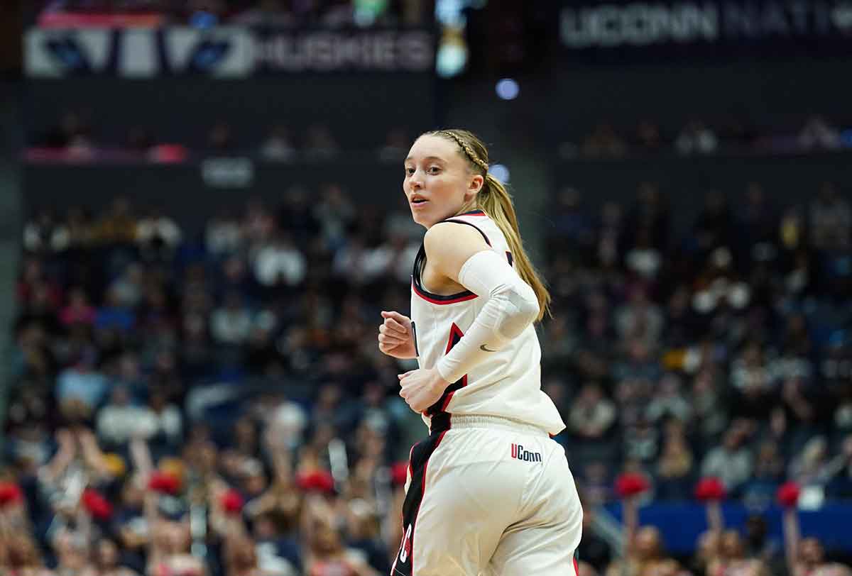 USA; UConn Huskies guard Paige Bueckers (5) returns down court against the Seton Hall Pirates in the second half.