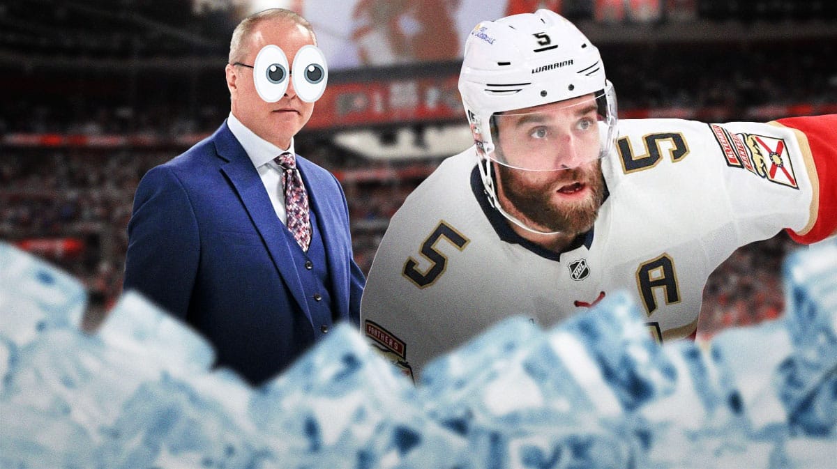 Photo: Aaron Ekblad in action in Panthers jersey, Paul Maurice with peeping eyes looking at Ekblad
