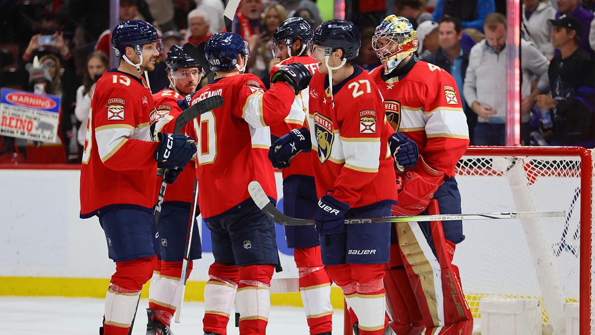 Florida Panthers players celebrate after the game against the Toronto Maple Leafs at Amerant Bank Arena.