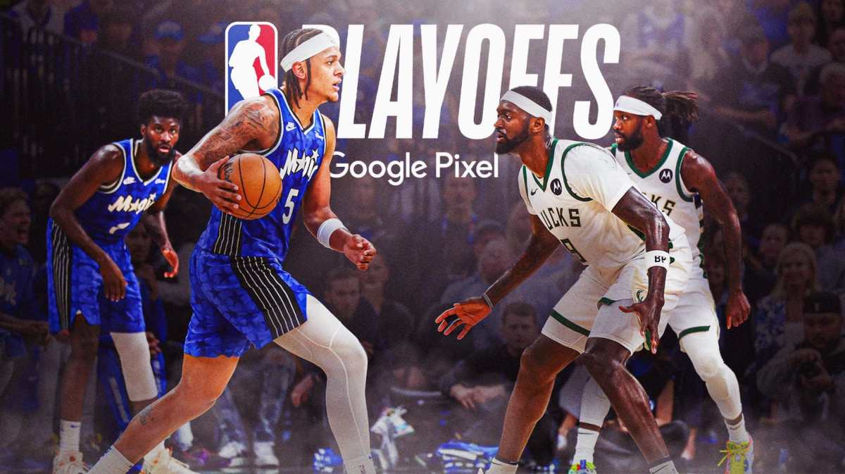 Paolo Banchero with the ball leading the Magic to the 2024 NBA playoffs