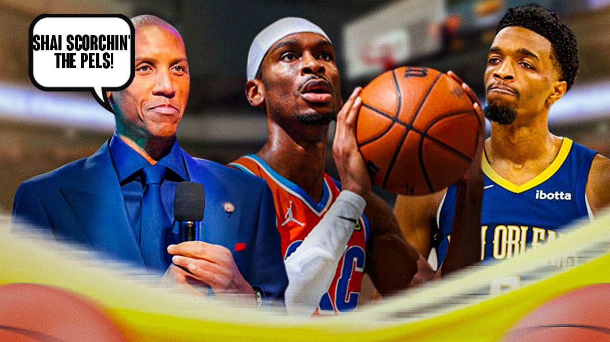 Reggie Miller saying "Shai scorchin' the Pels!" with Shai shooting over Herb Jones