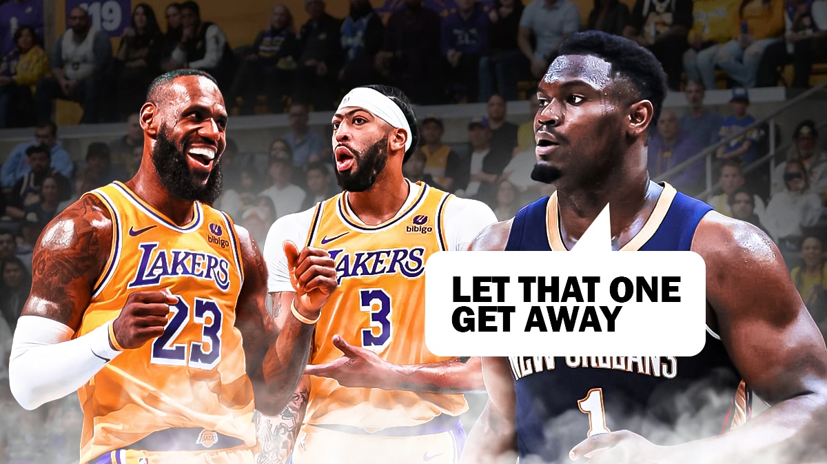 Zion Williamson with a word bubble "Let that one get away" while LeBron James and Anthony Davis 'celebrate'