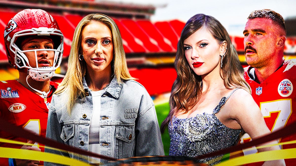 Kansas City Chiefs quarterback Patrick Mahomes with his wife Brittney Mahomes next to American singer-songwriter Taylor Swift and Kansas City Chiefs tight end Travis Kelce.