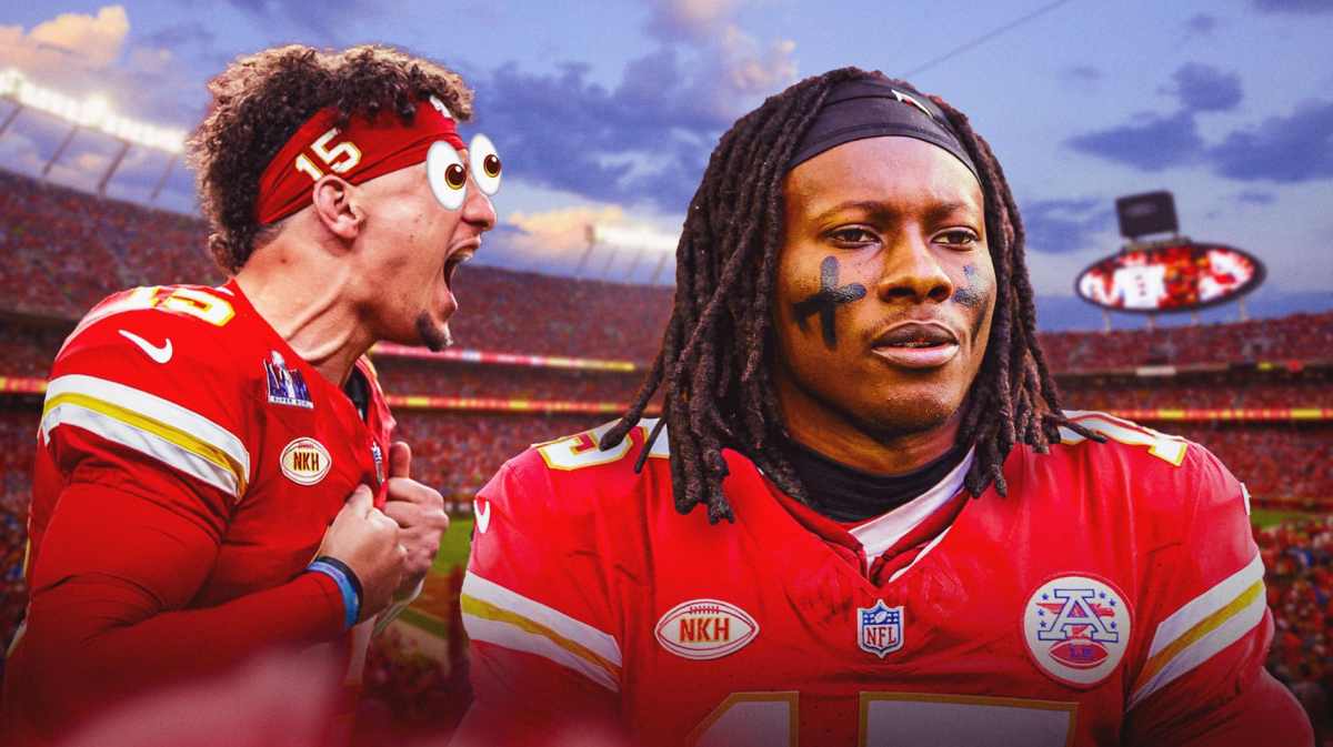 Marquise Brown in a Chiefs uniform. Patrick Mahomes with big eyeball emojis