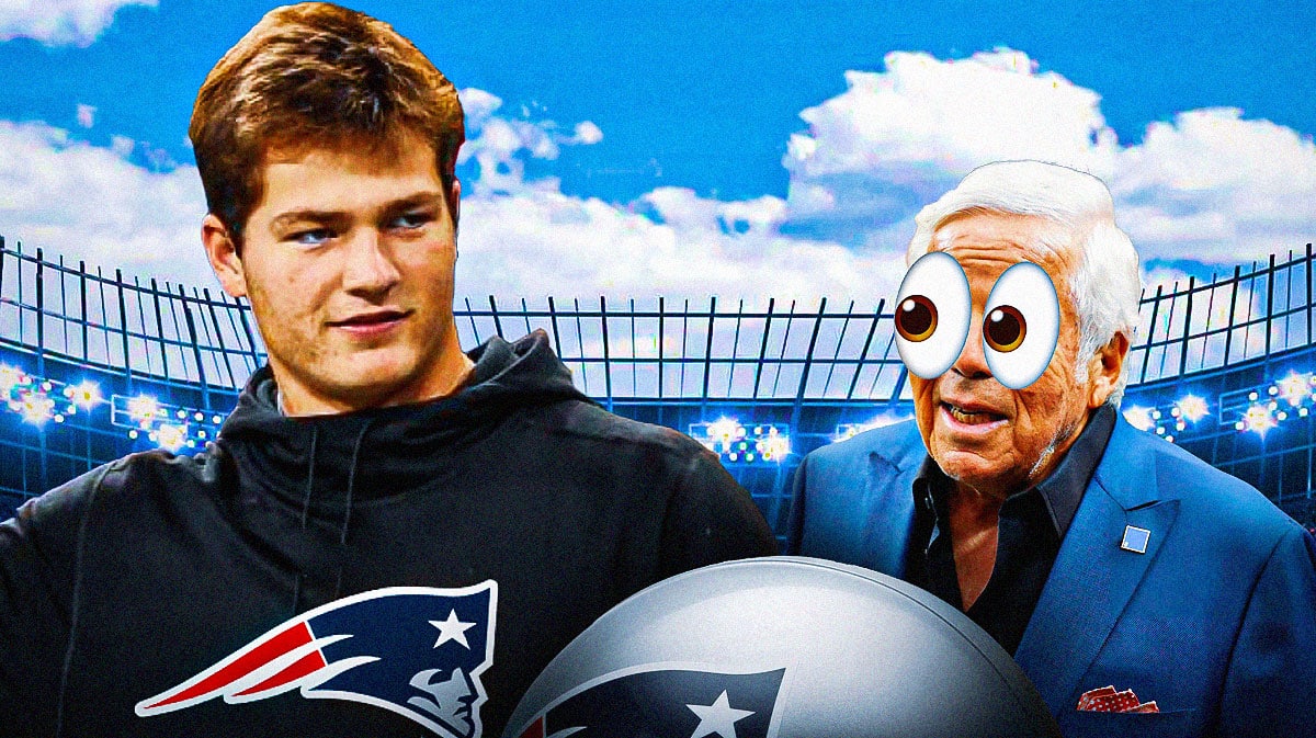 Robert Kraft with eyeball emojis looking at Drake Maye in a Patriots uniform