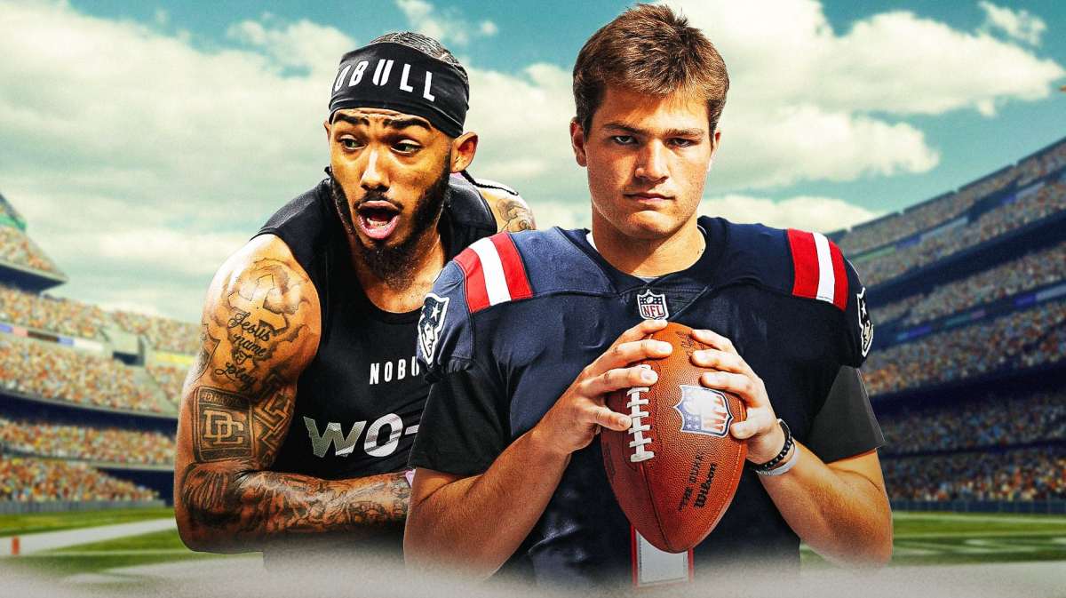 Drake Maye in New England Patriots jersey next to Ja'Lynn Polk