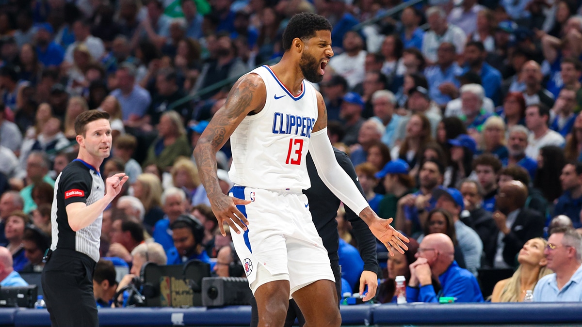 LA Clippers forward Paul George (13) reacts after scoring during the first quarter against the Dallas Mavericks during game four of the first round for the 2024 NBA playoffs at American Airlines Center.