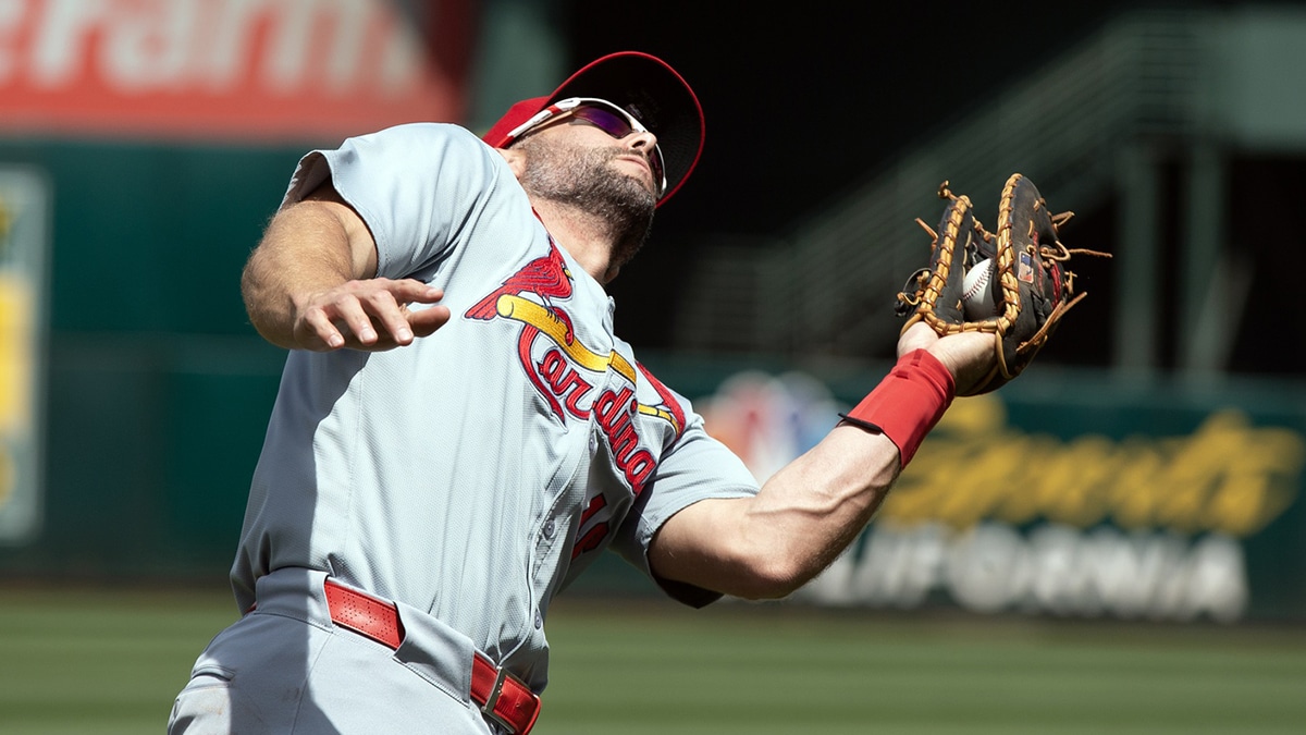 St. Louis Cardinals first baseman Paul Goldschmidt (46) makes an over-the-shoulder catch of a foul popup off the bat of Oakland Athletics designated hitter Abraham Toro (not pictured) during the third inning at Oakland-Alameda County Coliseum. 
