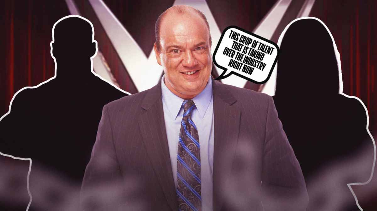 Paul Heyman with a text bubble reading "This crop of talent that is taking over the industry right now" with the blacked-out silhouette of Bron Breakker on his left and the blacked-out silhouette of Jade Cargill on his right with the WWE logo as the background.