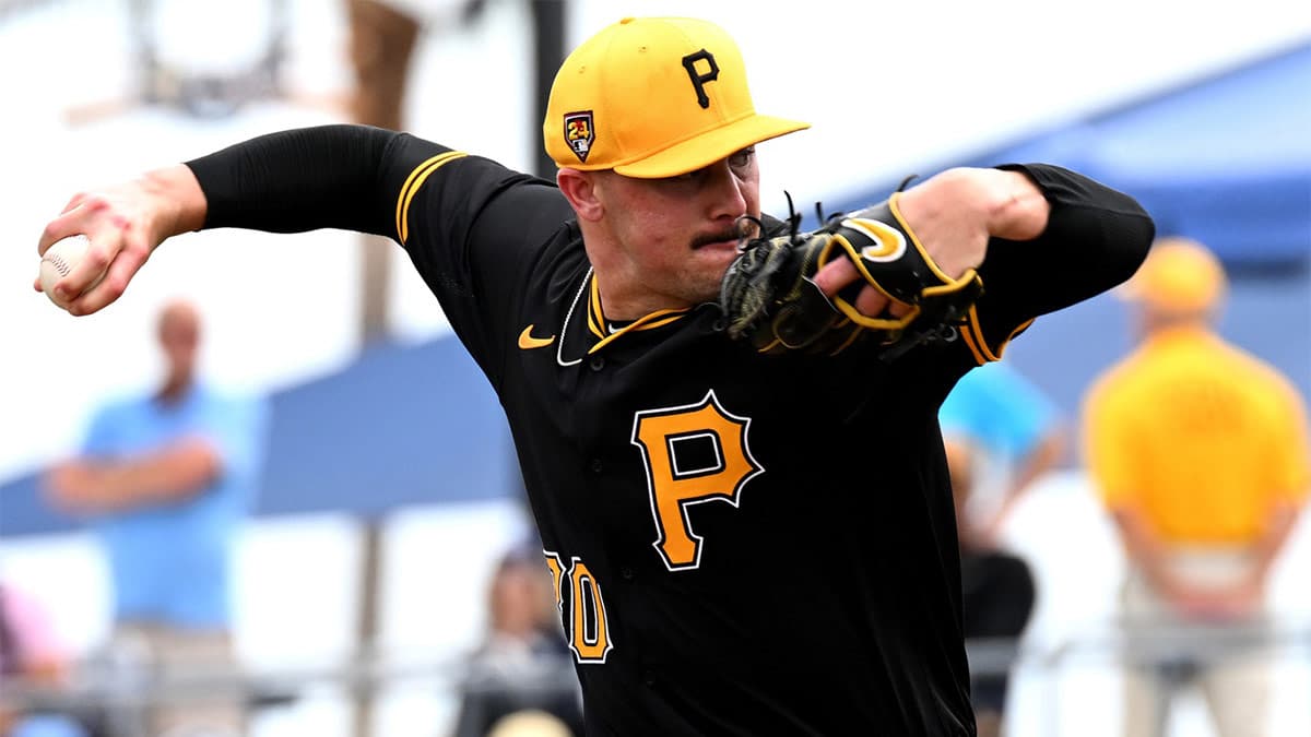 Pittsburgh Pirates pitcher Paul Skenes (30) throws a pitch in the fourth inning of the spring training game against the Tampa Bay Rays at CoolToday Park.
