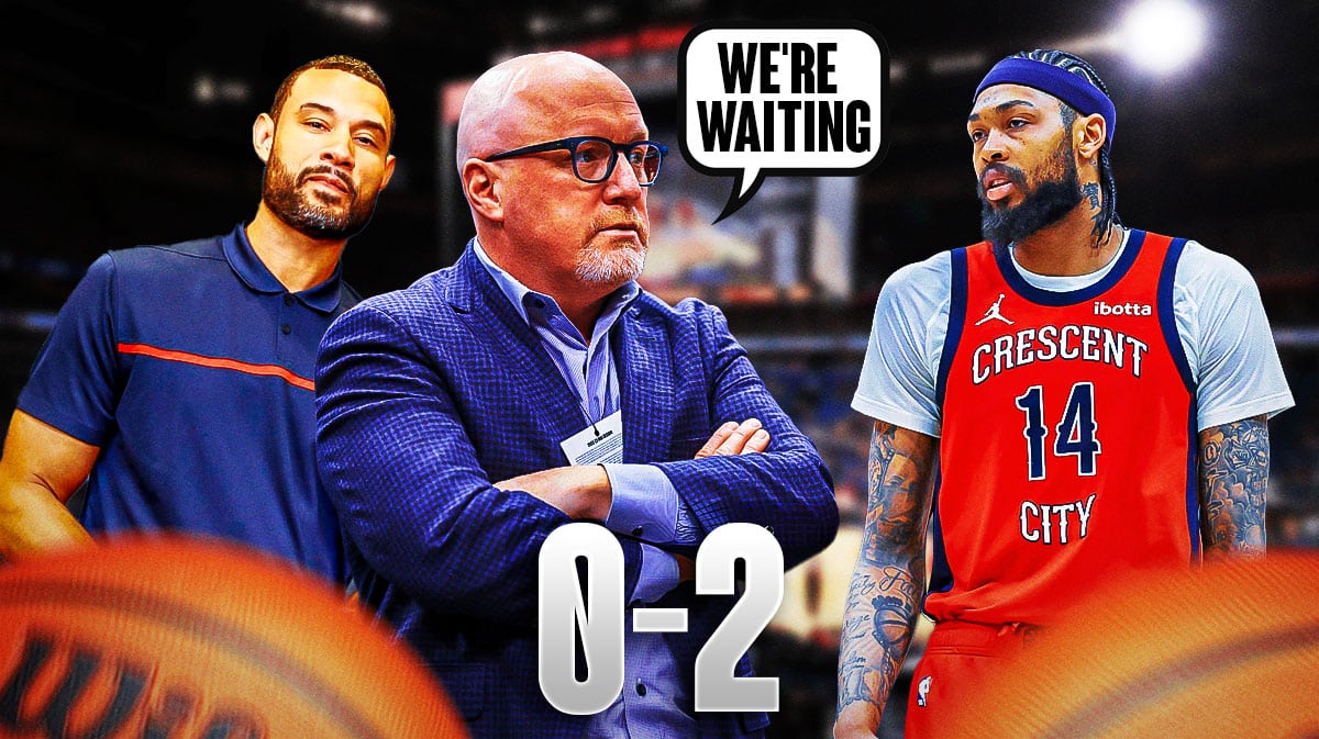 Graphic: David Griffin and Trajan Langdon saying "We're waiting" while Brandon Ingram looks dejected (head down) in the background. Maybe add 0-2 to show Pelicans are down in the series.