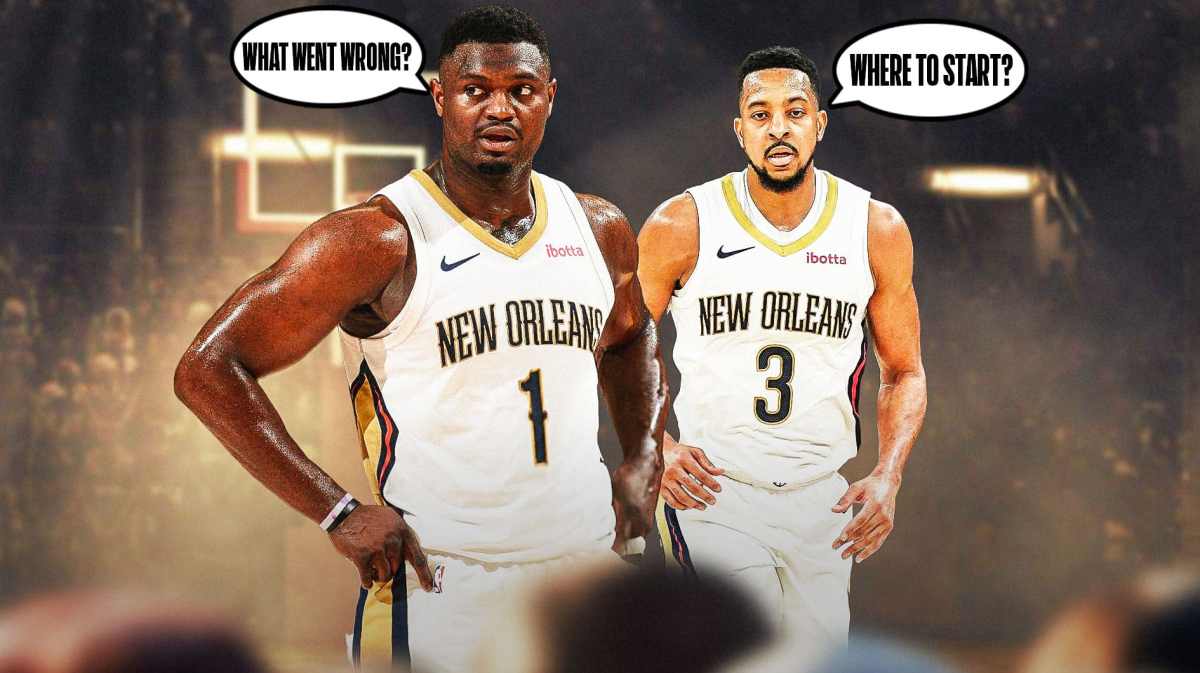 Zion Williamson asking "What went wrong?" and CJ McCollum replying "Where to start?"