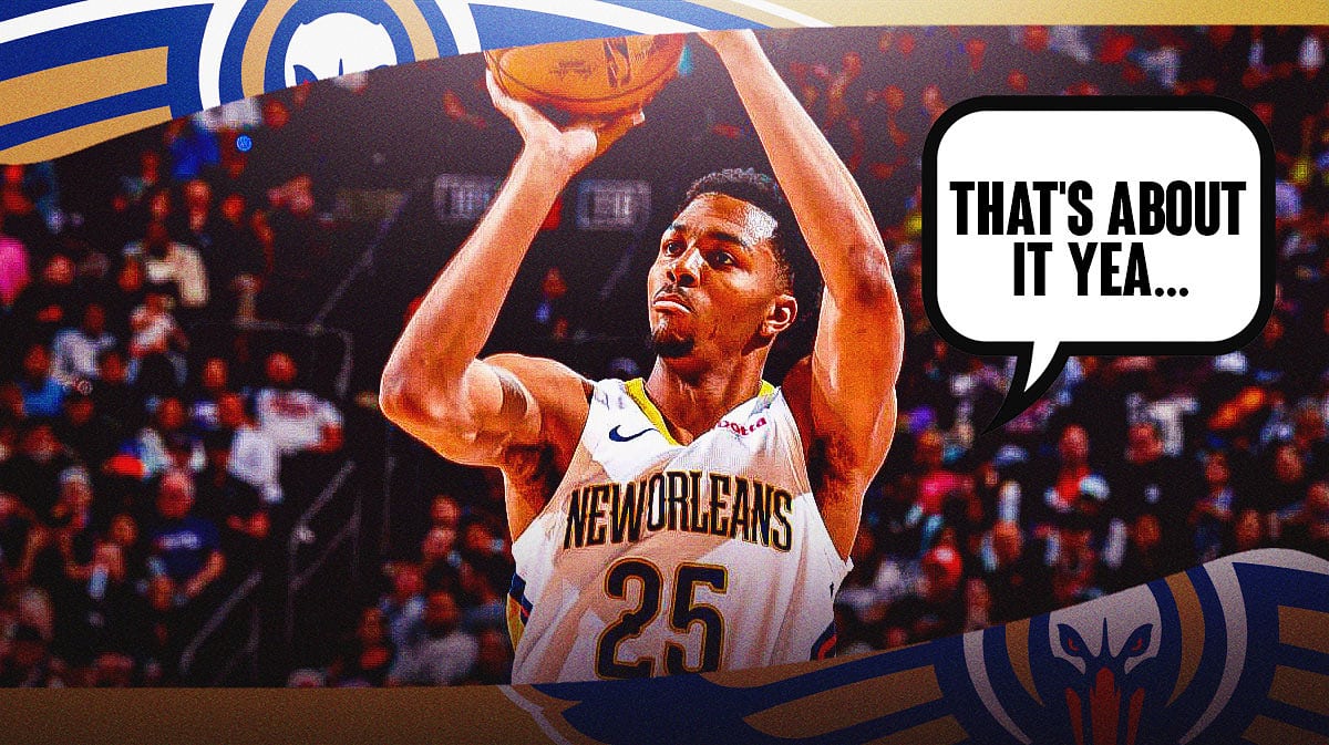 Graphic: Trey Murphy III with arm up in shooting motion from three-point range saying "That's about it yea..."