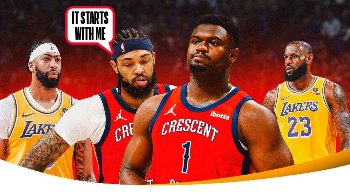 Pelicans Zion Williamson and Brandon Ingram, speech bubble that says, "It stats with me." Lakers LeBron James, Anthony Davis