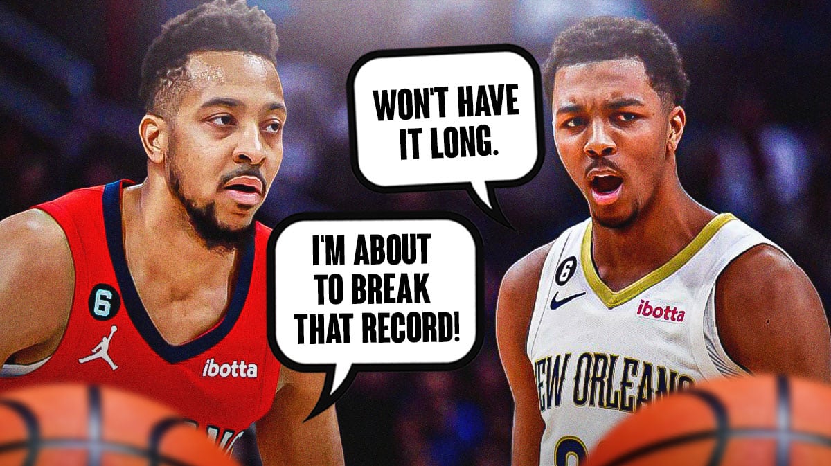 Pelicans CJ McCollum saying "I'm about to break that record!" with Trey Murphy III replying "Won't have it long."