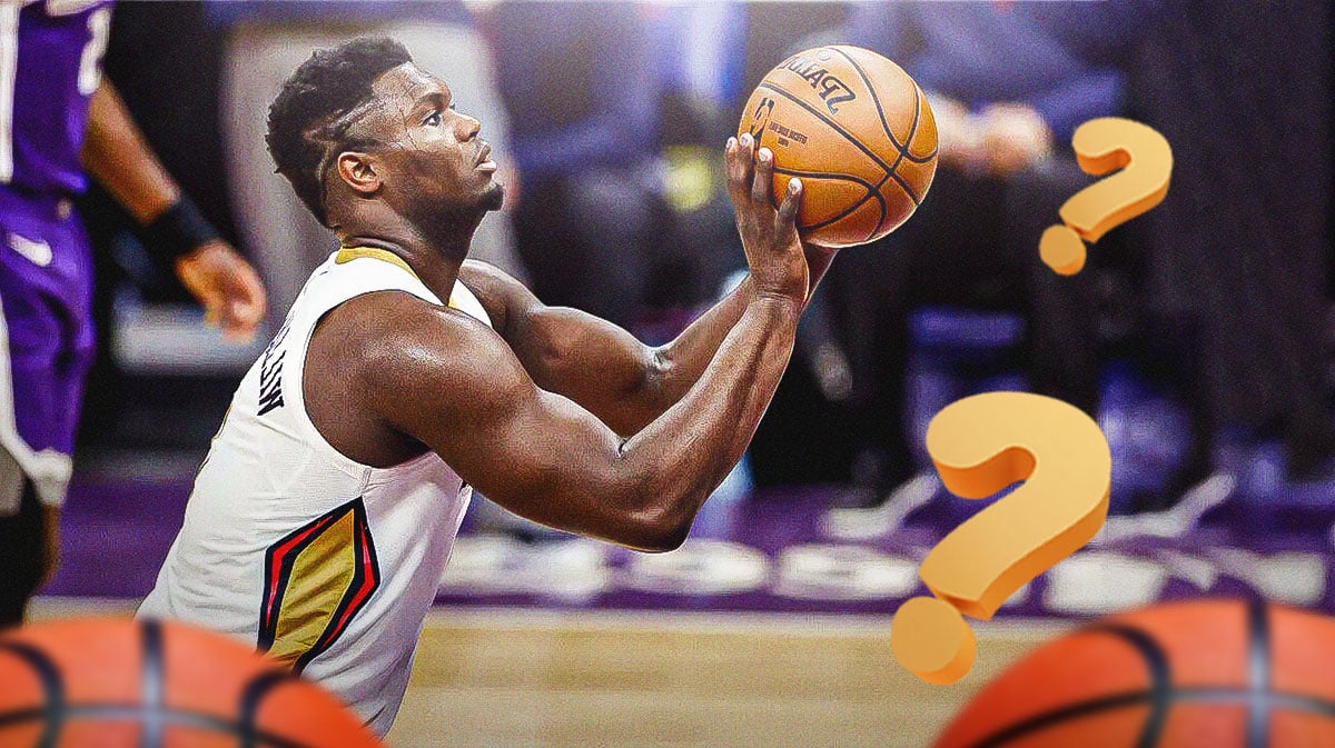 Pelicans' Zion Williamson shooting a basketball on left. Question mark on right.