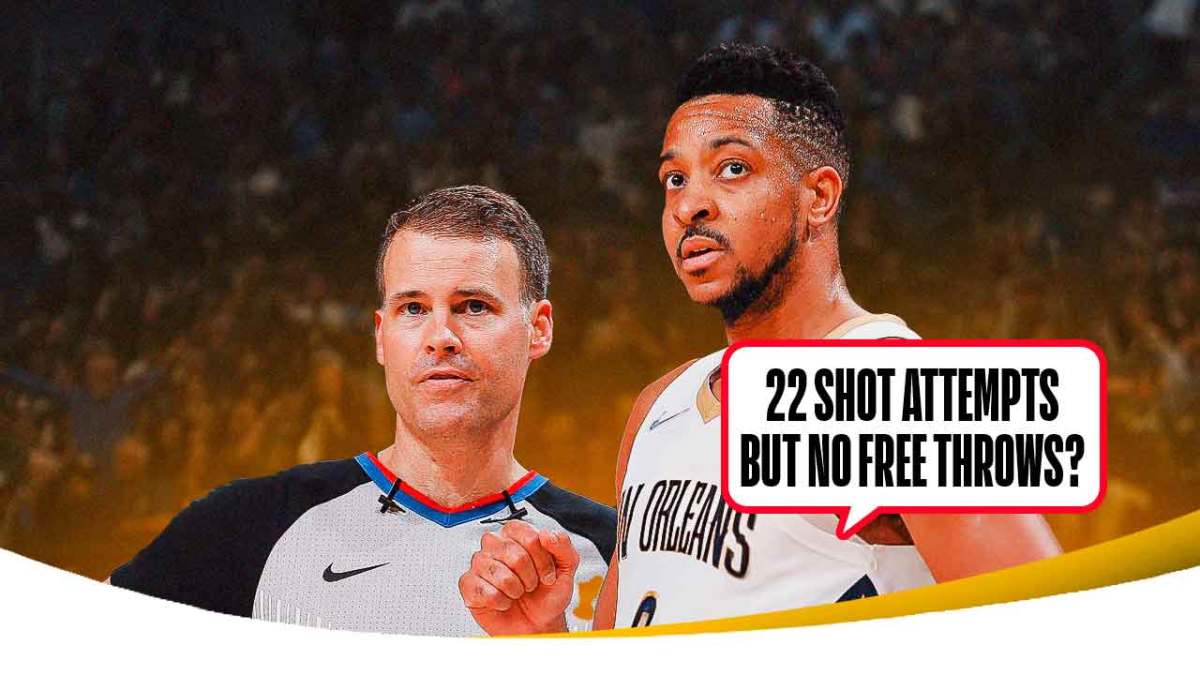 Pelicans CJ McCollum next to a referee with a speech bubble that reads 22 shot attempts but no free throws?