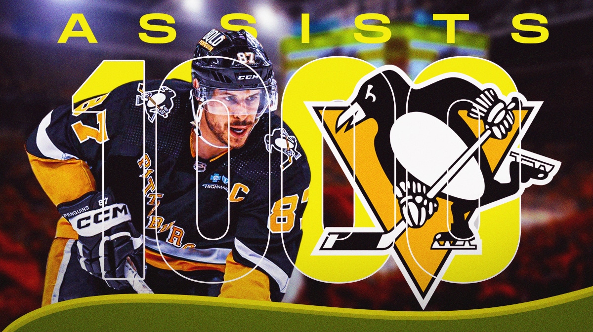Sydney Crosby with Penguins logo in the background and big text behind him "1000 Assists"