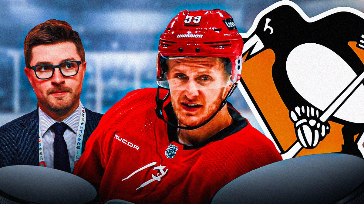 Jake Guentzel in middle of image looking happy in Hurricanes jersey, Kyle Dubas in image looking thoughtful, Pittsburgh Penguins logo, hockey rink in background