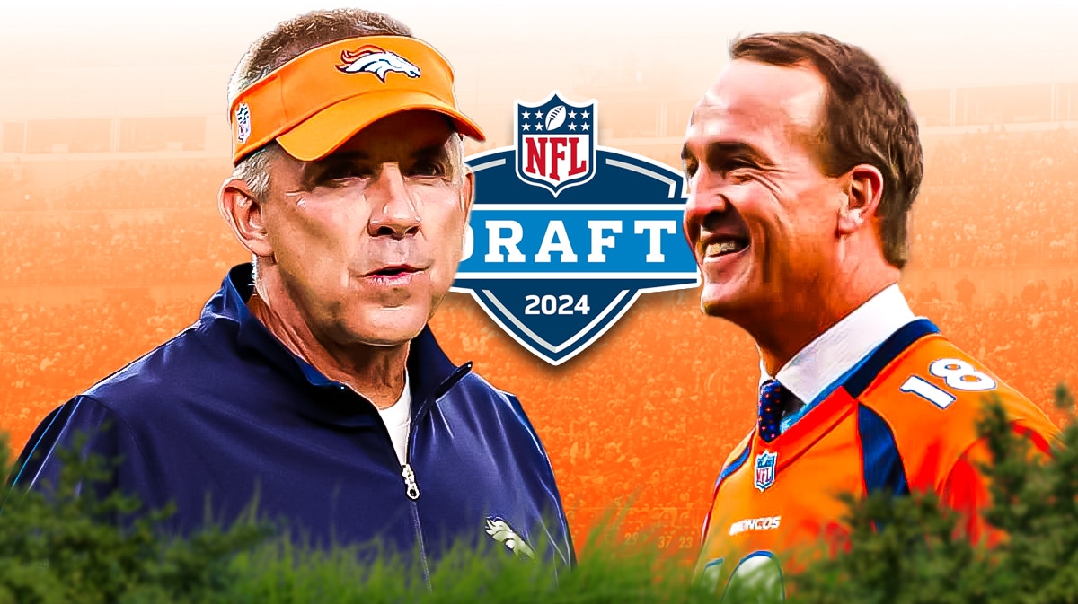 Peyton Manning looking at Sean Payton with the 2024 NFL Draft logo in the background
