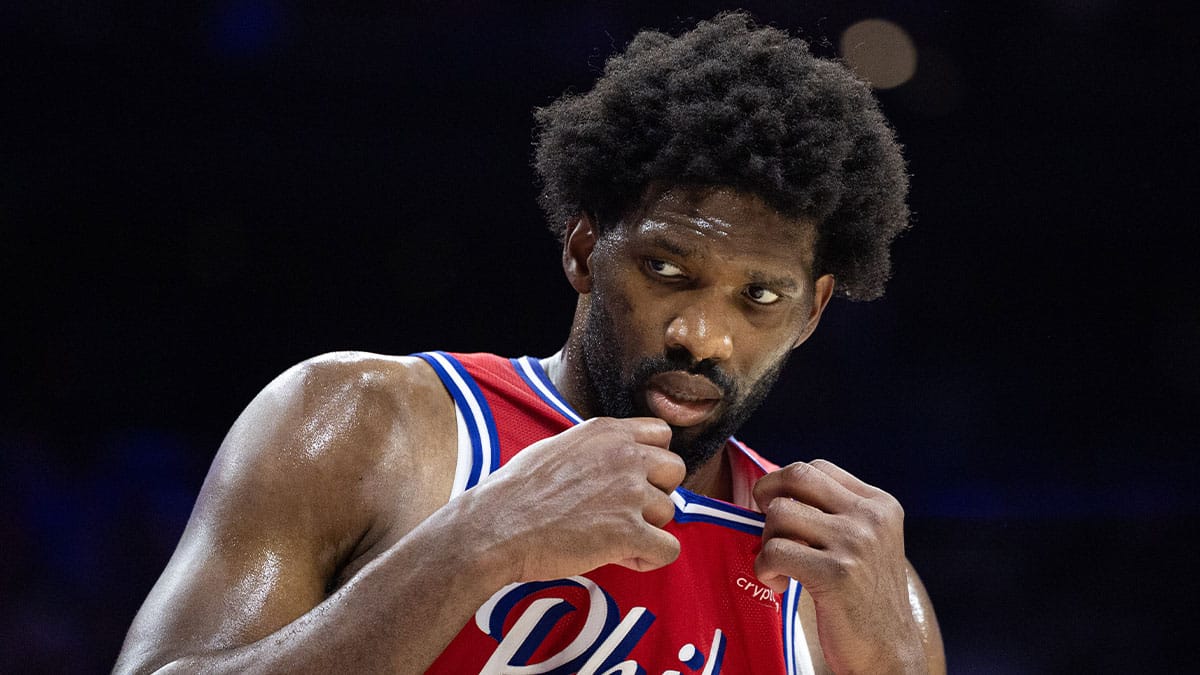 Apr 28, 2024; Philadelphia, Pennsylvania, USA; Philadelphia 76ers center Joel Embiid (21) looks on during a break in action in the second half against the New York Knicks in game four of the first round in the 2024 NBA playoffs at Wells Fargo Center. Mandatory Credit: Bill Streicher-USA TODAY Sports